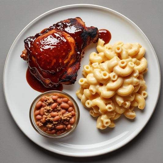 BBQ Chicken with Mac & Cheese and Baked Beans