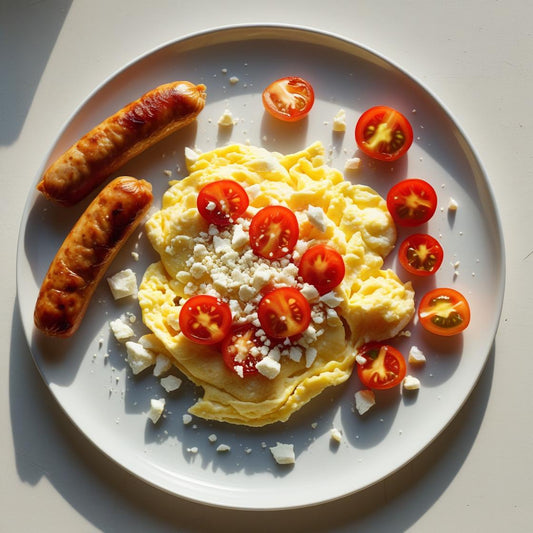 Scrambled Eggs with Cherry Tomatoes, Feta & Chicken Sausage