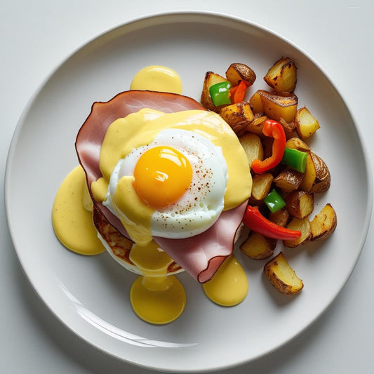 Eggs Benedict with Ham, Hollandaise & Sautéed Potatoes