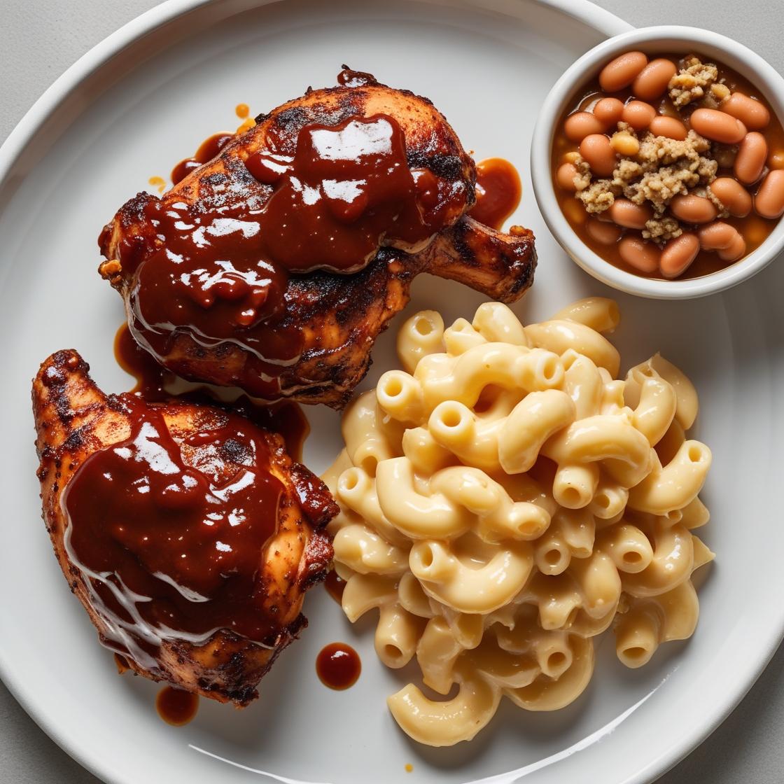 BBQ Chicken with Mac & Cheese and Baked Beans